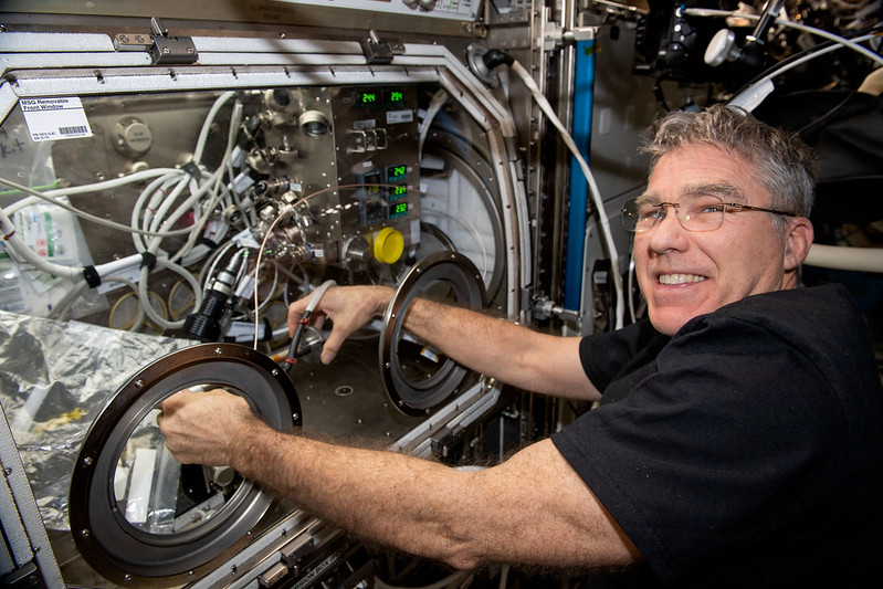 NASA Astronaut and SpaceX Crew-6 mission commander Stephen G. Bowen works int the Microgravity Science Glovebox aboard the ISS.