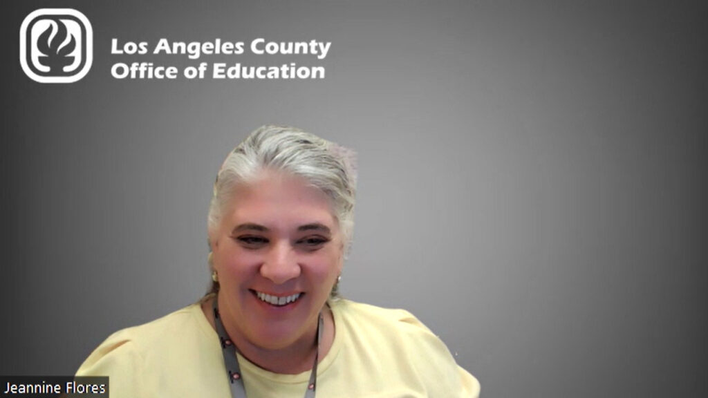 Los Angeles County Office of Education Center for Distance and Online Learning STEAM Coordinator Jeannine Flores smiles against a Zoom background which says "Los Angeles County Office of Education" as she dicusses the ways AI can enhance arts education.