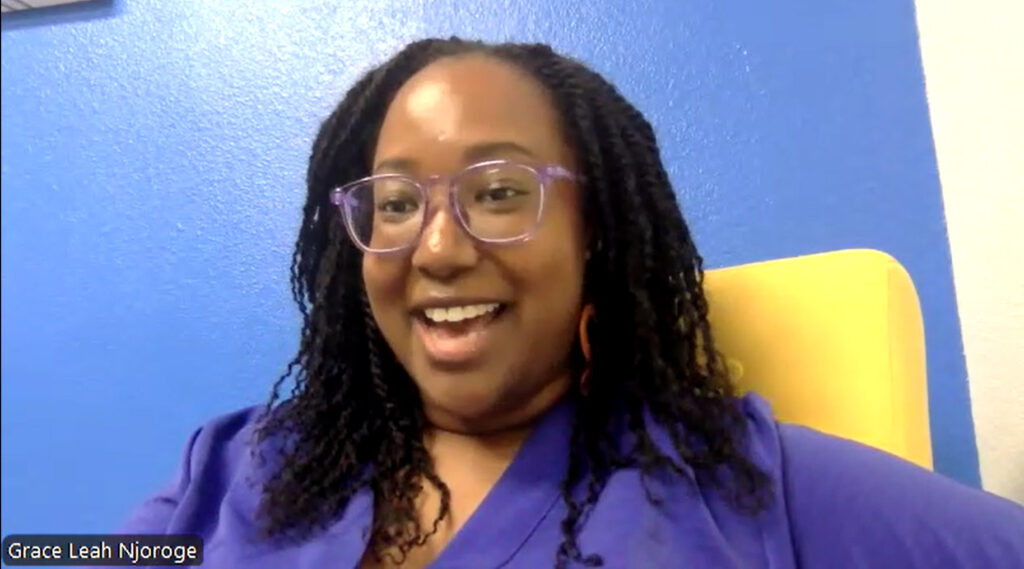 LVNHM Director of Education Grace Njoroge smiles against a Zoom background while discussing "Dino-Ween"