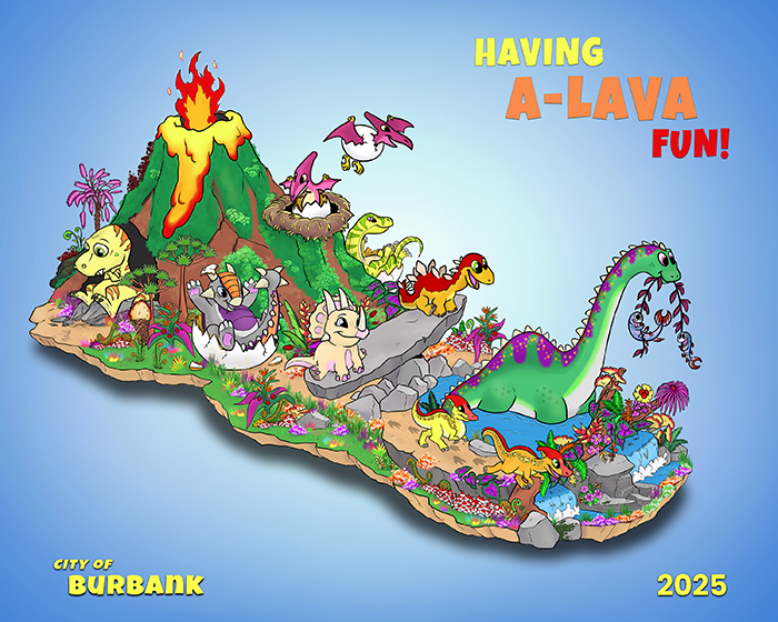 Color rendering shows baby dinosaurs and an erupting volcano on Burbank Tournament of Roses Association's 2025 Rose Paradehttps://www.burbankrosefloat.com/ float, "Having A-Lava Fun".