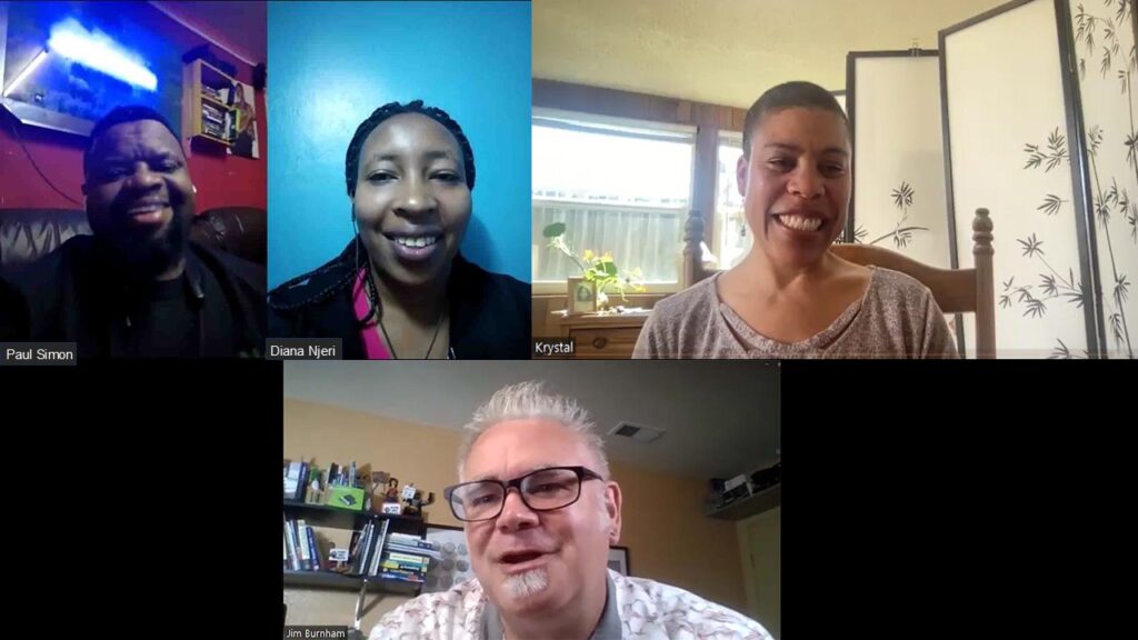 Teachers Paul Simon Waiyaki, Diana Njeri, Krystal Jones and Jim Burnham smile against Zoom backgrounds.