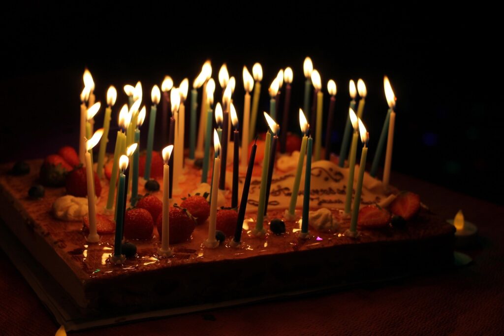 Candles lighted atop a chocolate birthday cake
