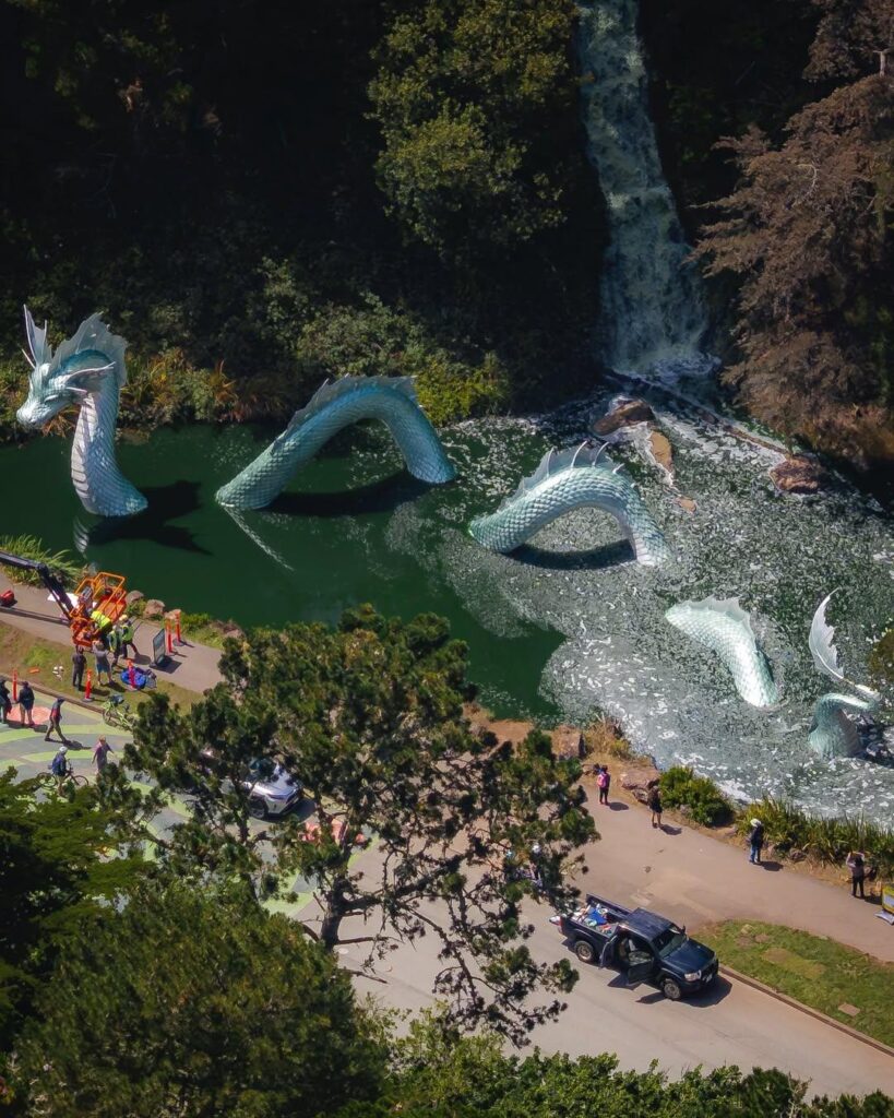 "Naga" sea serpent, aerial view, in Rainbow Falls Pond at San Francisco's Golden Gate Park.