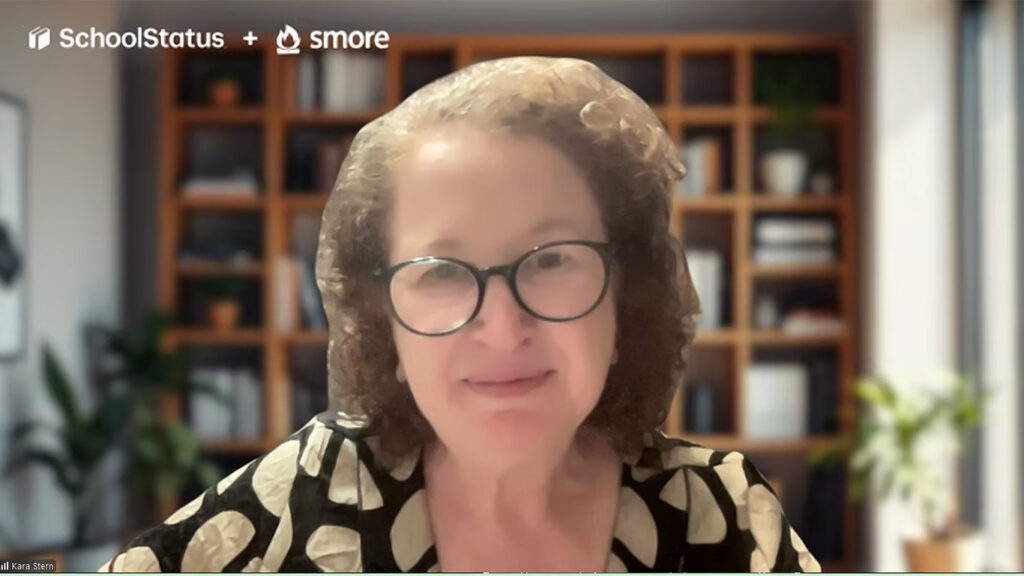 EdTech expert Dr. Kara Stern smiles against an office background with "SchoolStatus" and "Smore" graphics.