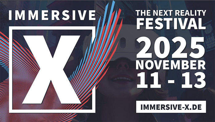 Graphic of a white X in a square with red and blue winglike lines radiating from it, advertises "IMMERSIVE X THE NEXT REALITY FESTIVAL 2025, November 11 - 13, and the website immersive-x.de, against a black background with a translucent image of a woman in a VR headset.