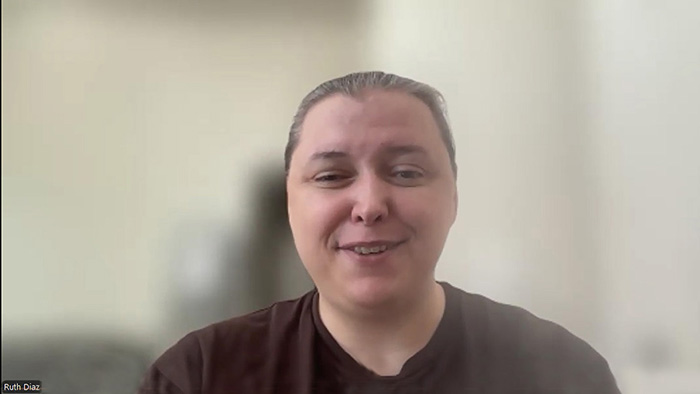 BridgeMakers Founder and Core Leader Dr. Rught Diaz smiles against an off-white Zoom background.