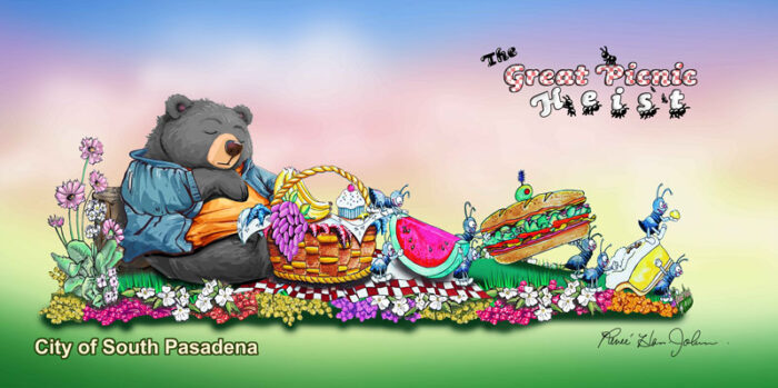 Rendering of South Pasadena Tournament of Roses' Rose Parade float, featuring a snoozing gray bear as ants carry of a watermelon slice, sandwich, and other assorted items from his picnic basket.