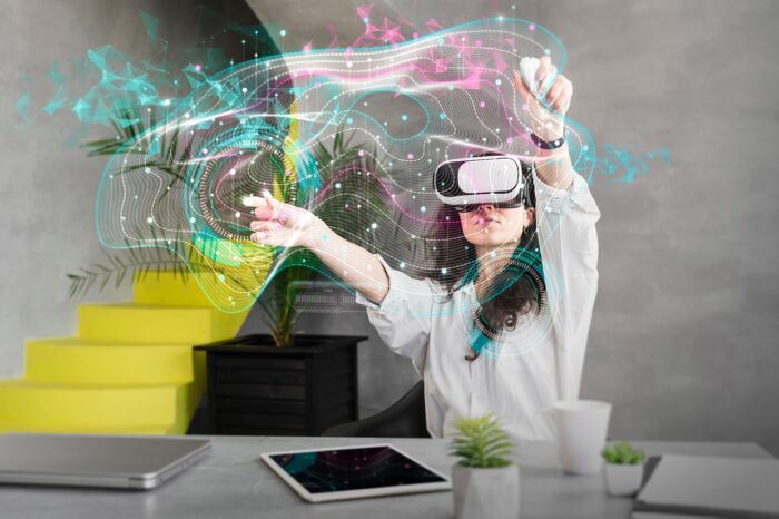 Woman in VR headset raises her arms with cloud of magical sparkles beyond her.