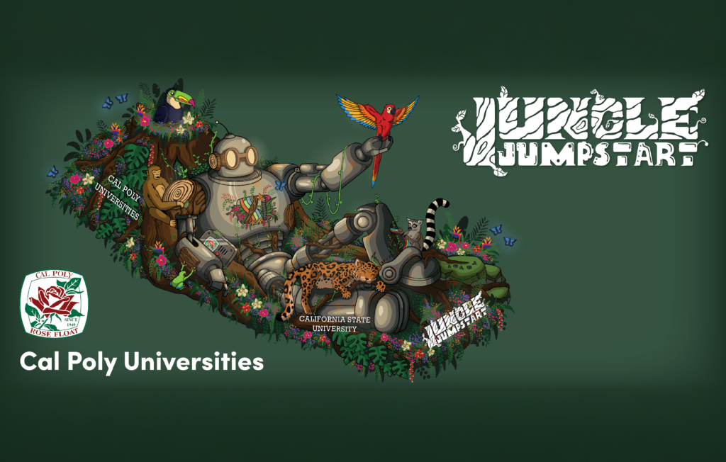 Rendering of float "Jungle Jumpstart", with a green background and various jungle animals around a robot, bringing it back to life.