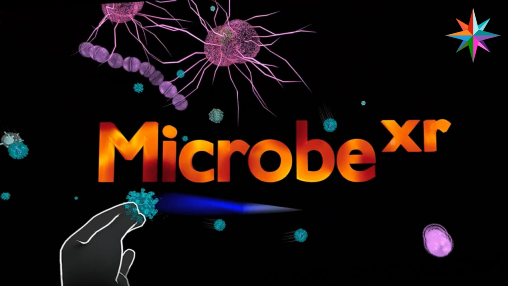 "Microbe XR" logo against a black background, with a hand in the forefront and various microbes around it