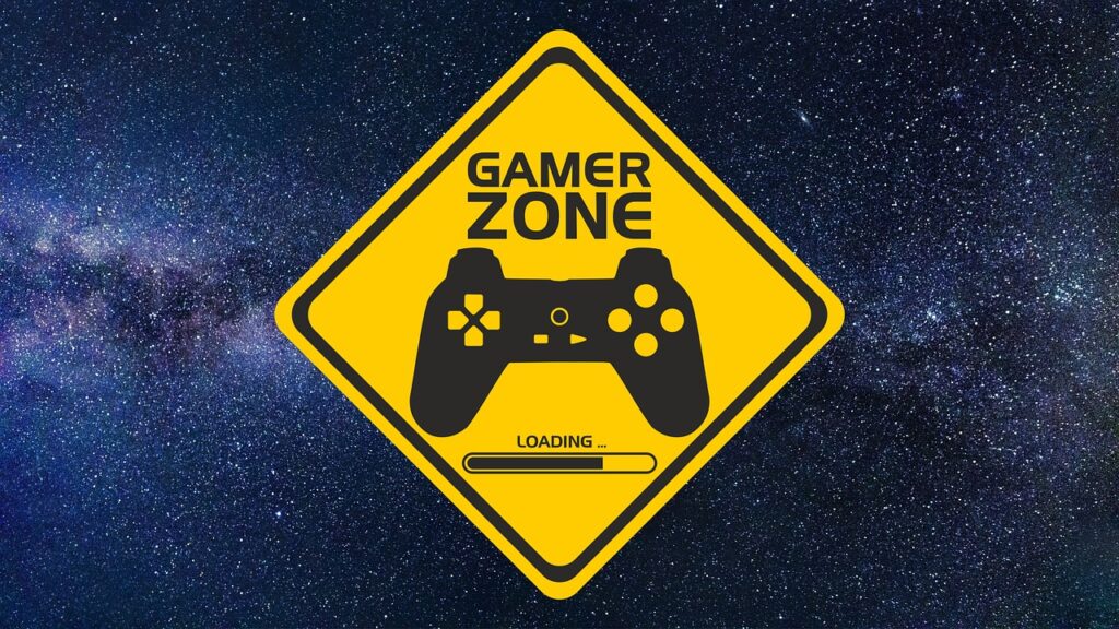 Yellow sign says "Gamer Zone" and displays a hand control against a background of a starry sky