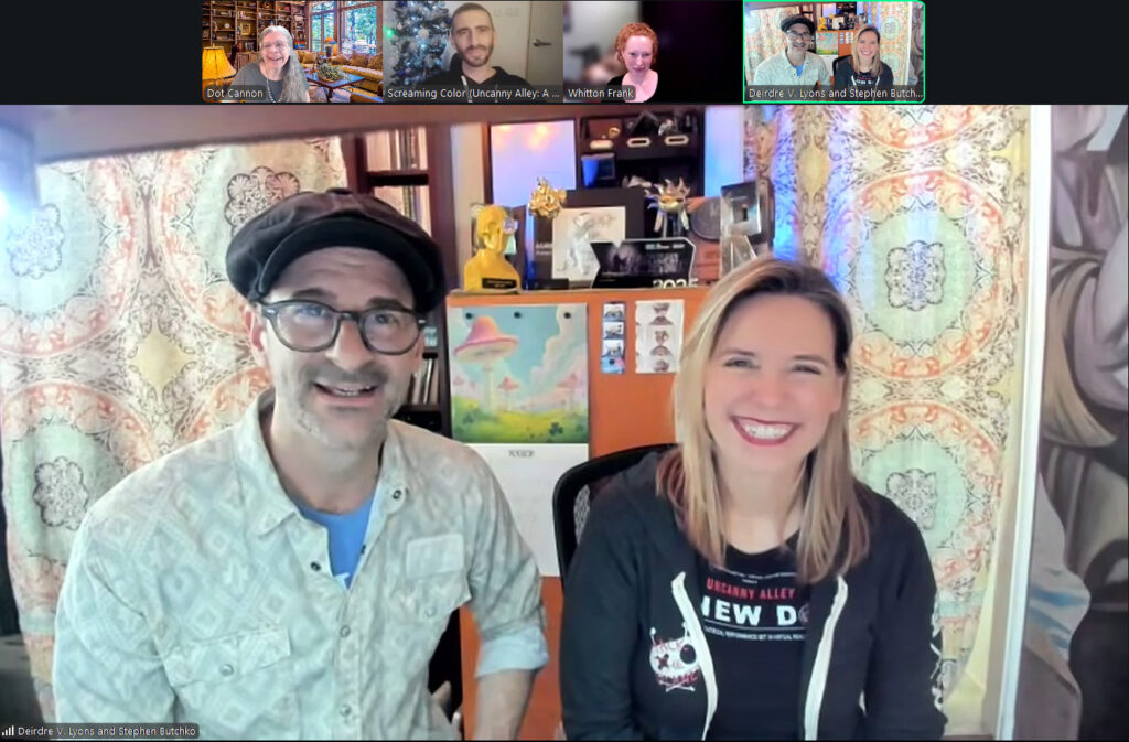 Ferryman Collective cofounders Deirdre Lyons, Stephen Butchko, Whitton Frank and Christopher Lane Davis, also known as "Color", smile against Zoom backgrounds.