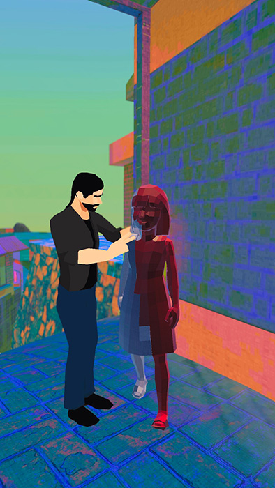 Man stands next to a woman statue outside a corporate building with flowers in the distance.