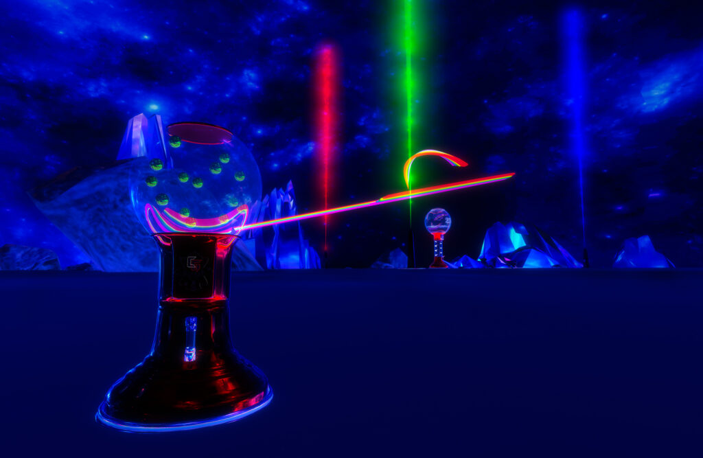 Gumball machine sends red laser beam to a second beam with red and green lasers ascending into a dark purple plain.