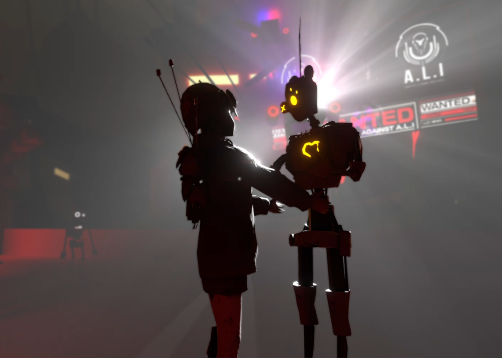 Woman in military uniform talks with robot in dark cyberpunk world