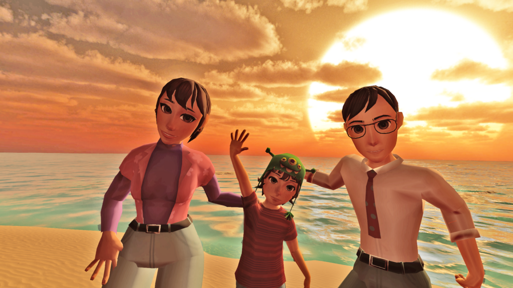 Couple and small girl stand in front of setting sun