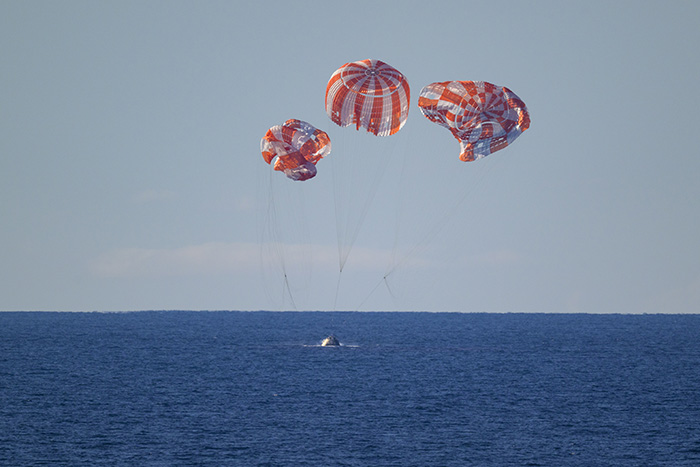 NASA's Orion spacecraft lands in the Pacific Ocean with Artemis II crew aboard.