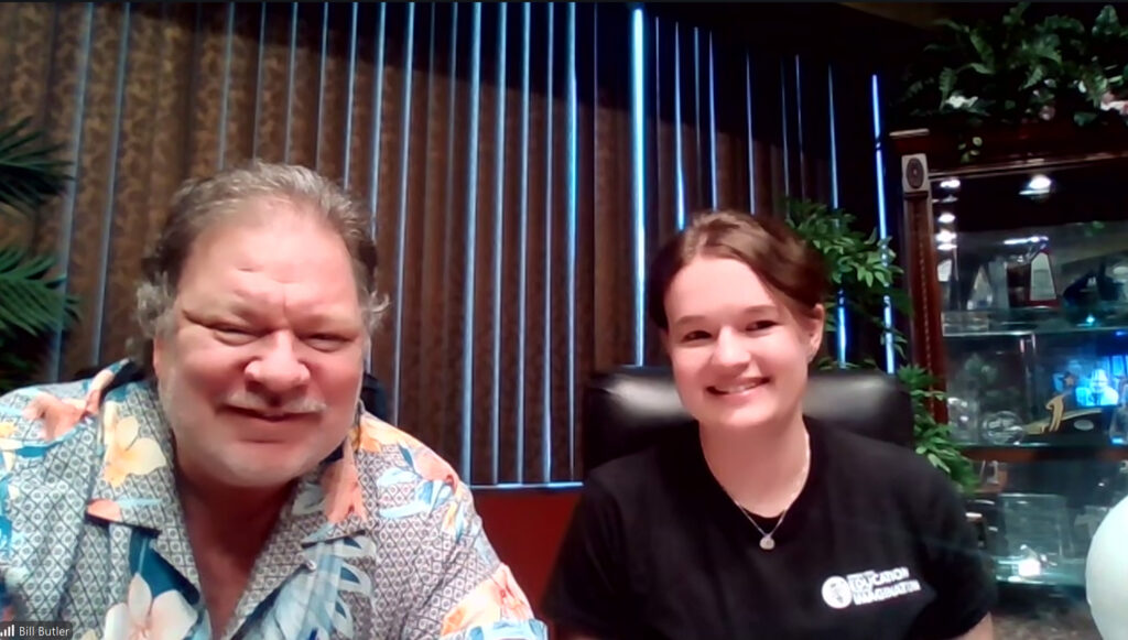 Garner Holt Productions Owner and President Garner Holt and Garner Holt Education Through Imagination Educational Services Manager Jill Brown smile against a Zoom office background