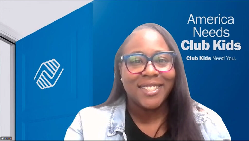 Boys & Girls Club of Greater Redlands - Riverside Teen Program Manager Montoya Dunn smiles against a blue-and-white background that says, "America needs Club Kids. Club Kids need you."