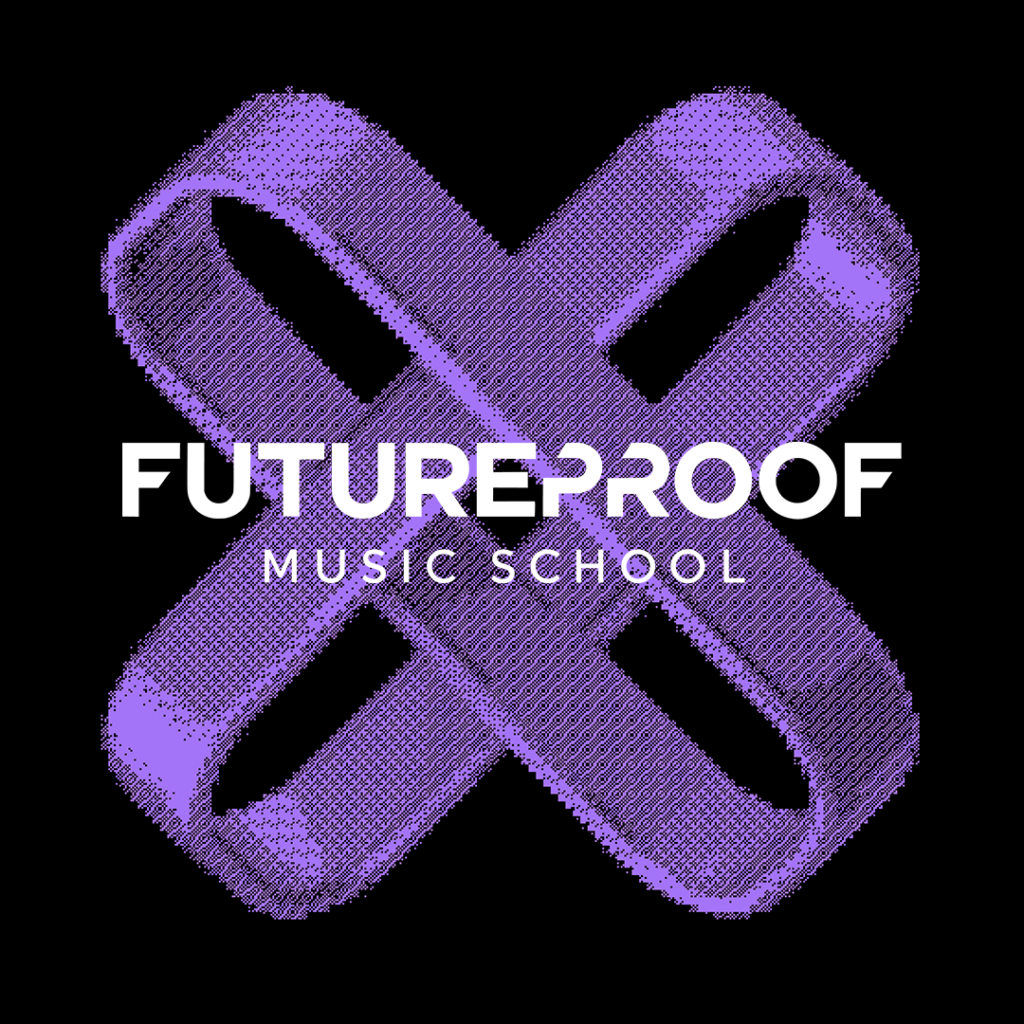 Double purple "X" shape in a loop, against a black background, with "FUTUREPROOF MUSIC SCHOOL" in white lettering over it.