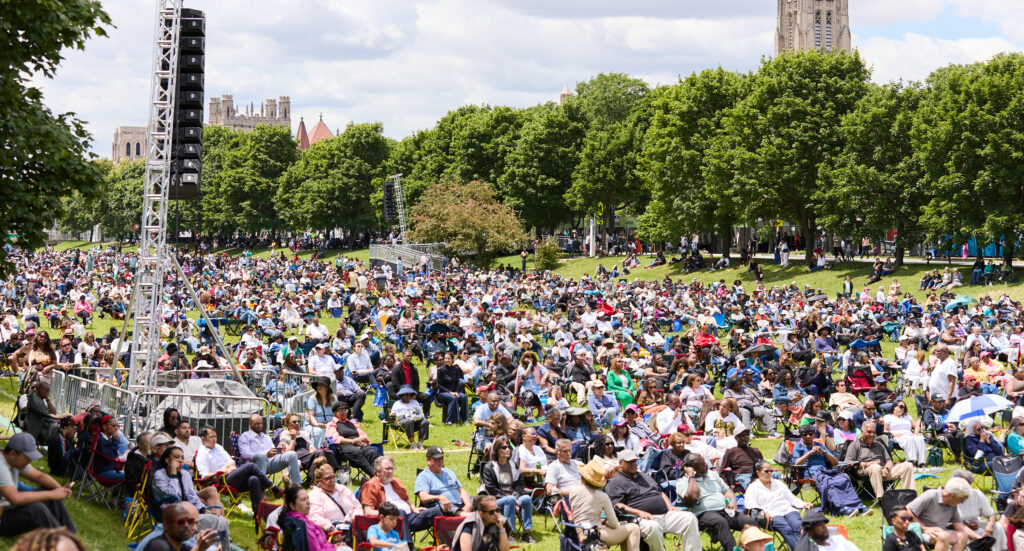 Crowds seated outside the Obama Presidential Center