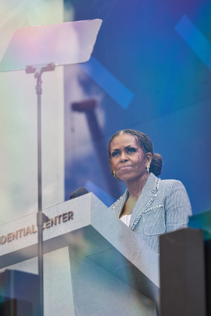 Michele Obama speaks from the lectern of The Obama Presidential Center during the Grand Opening.