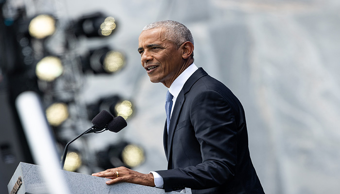Former President Barack Obama speaks during the Grand Opening Ceremony of The Obama Presidential Center.